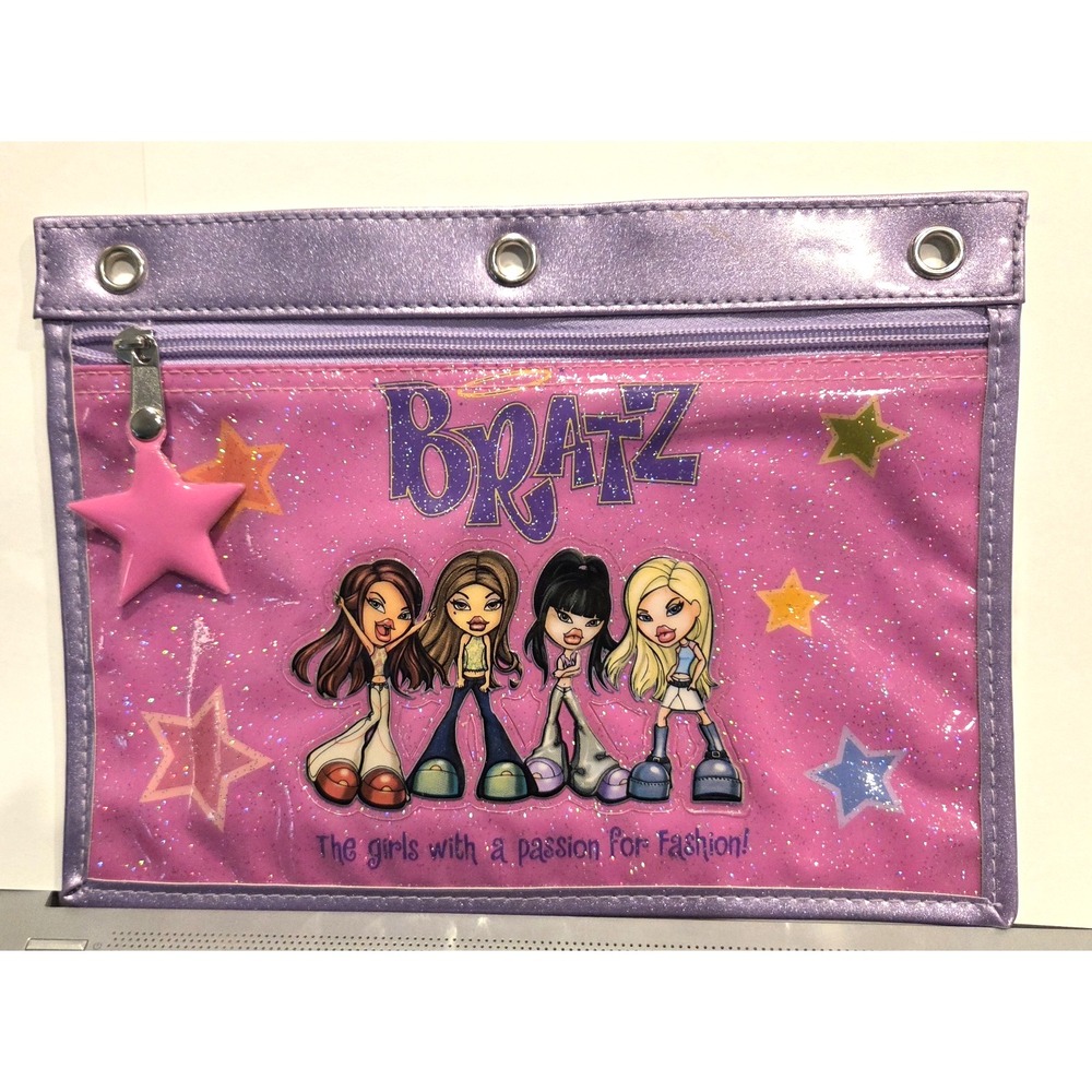 Y2K Bratz Glitter Zipper Pencil Case Binder Pouch Pink Stars 2002 MGA Vintage